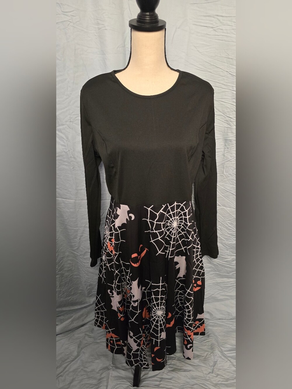 SHEIN Black Long Sleeve Spiderweb & Bat Fit-and-Flare Dress